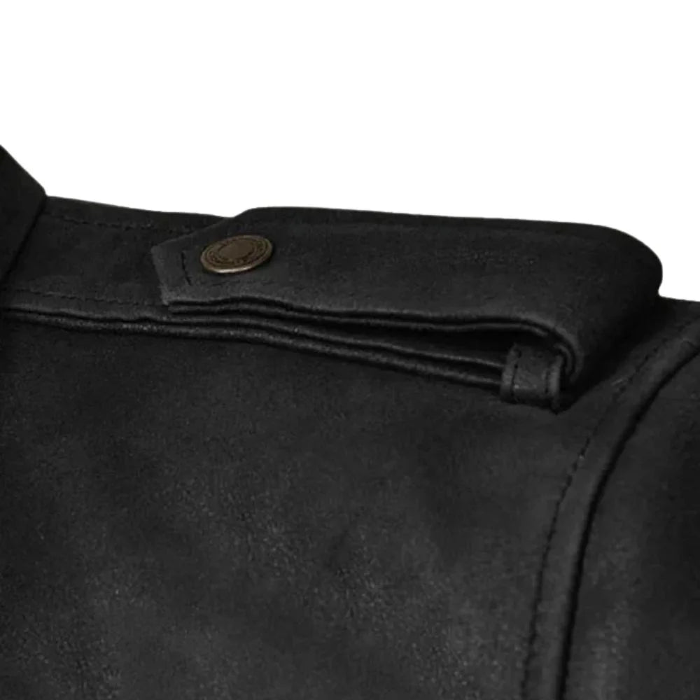 Men’s Simple Black Leather Jacket with Epaulets