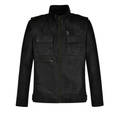 Men’s Simple Black Leather Jacket with Epaulets