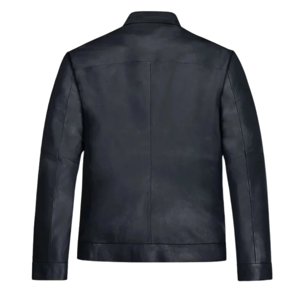 Men’s Black Minimalist Stand Collar Leather Jacket