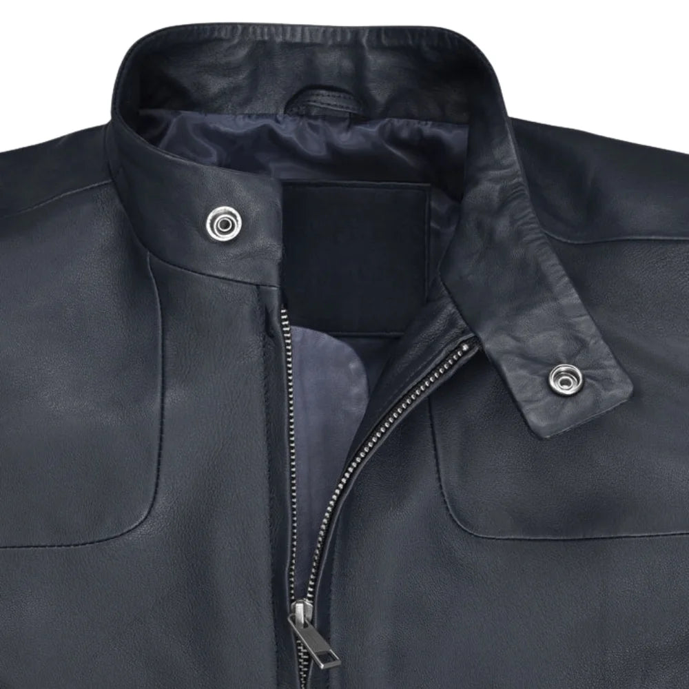 Men’s Black Minimalist Stand Collar Leather Jacket