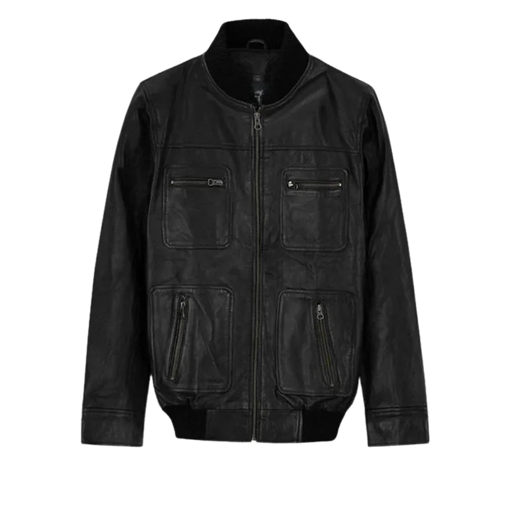 Men’s Black Multi-Pocket Leather Bomber Jacket
