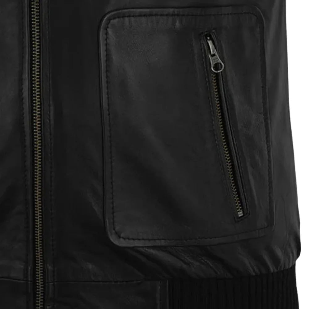 Men’s Black Multi-Pocket Leather Bomber Jacket
