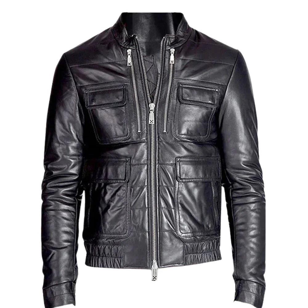 Men’s Black Multi-Pocket Leather Jacket