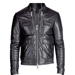 Men’s Black Multi-Pocket Leather Jacket