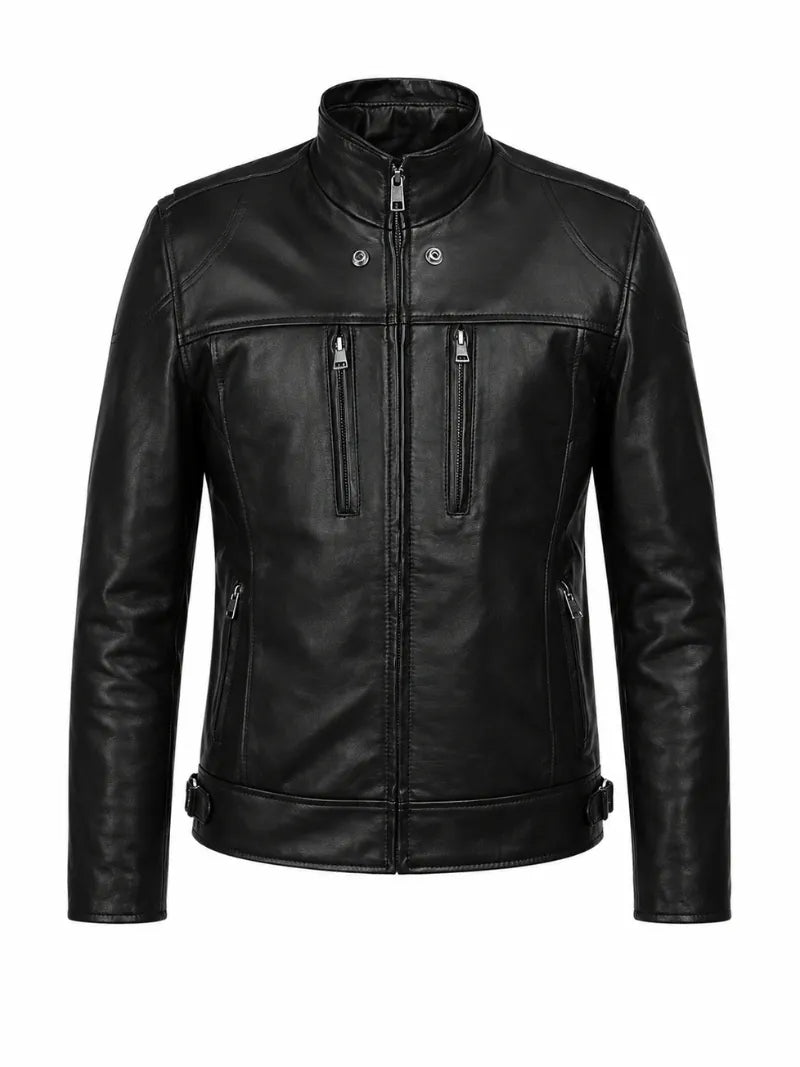 Men’s Black Multi-Zip Leather Jacket Front
