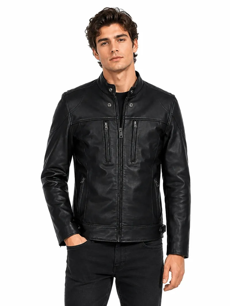 Men’s Black Multi-Zip Leather Jacket Full