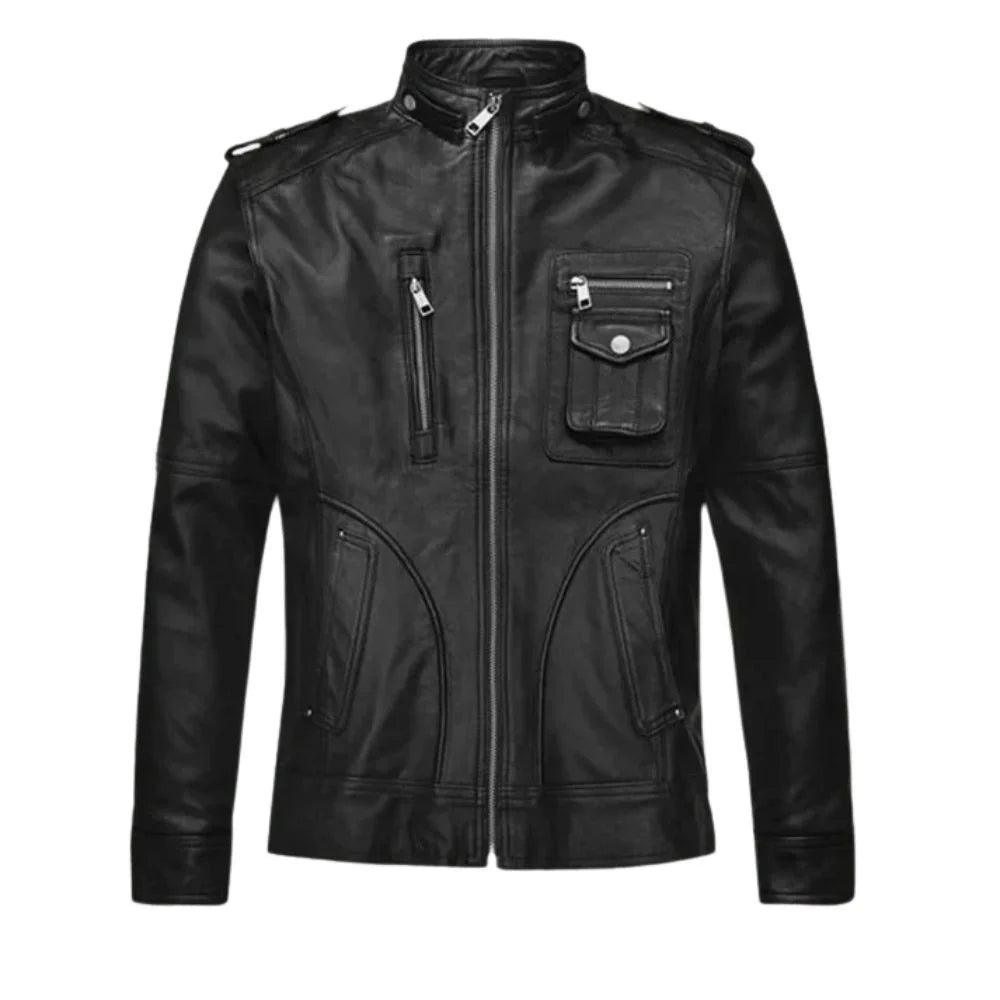 Men’s Black Multi Pockets Leather Jacket