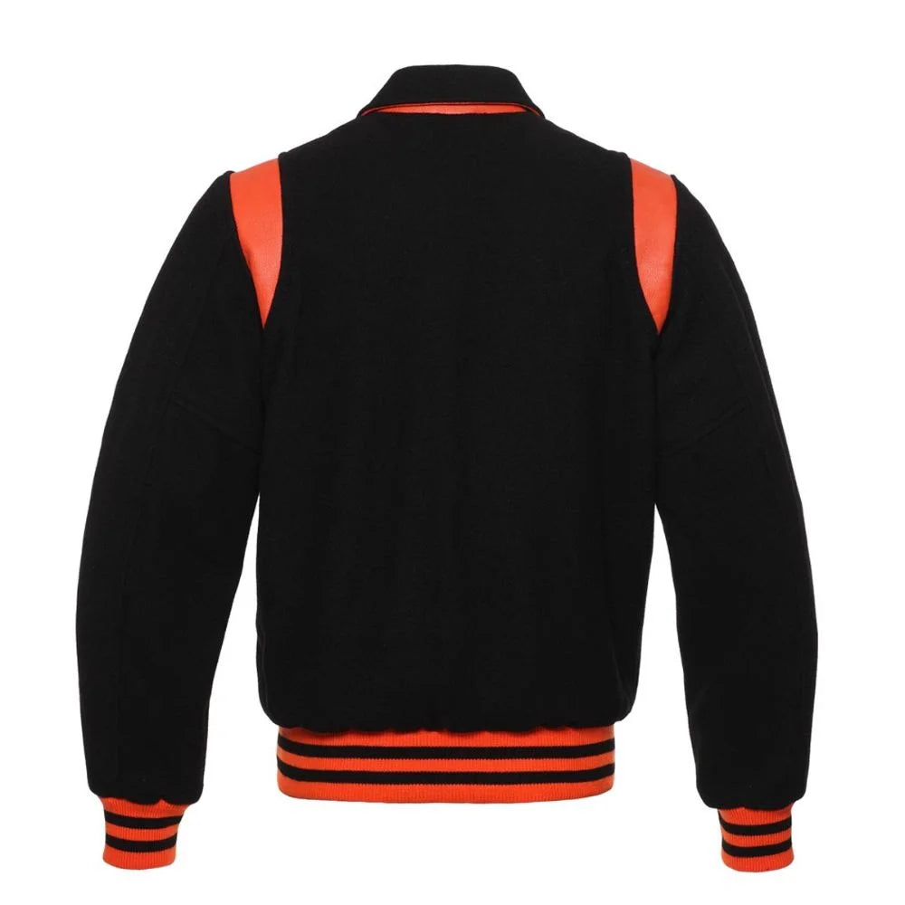 Men's Black Orange Leather Sleeves Varsity Jacket