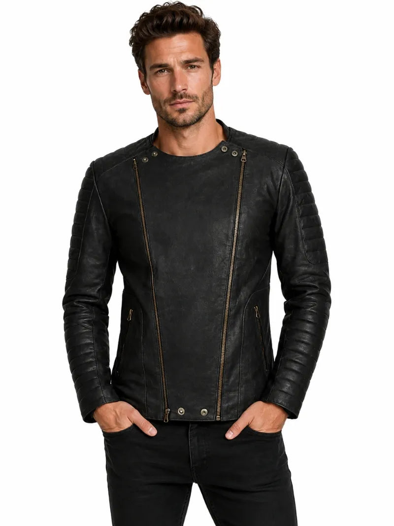Men’s Black Padded Leather Jacket Full