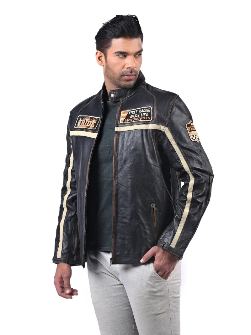 Men’s Black Patched Leather Jacket Left
