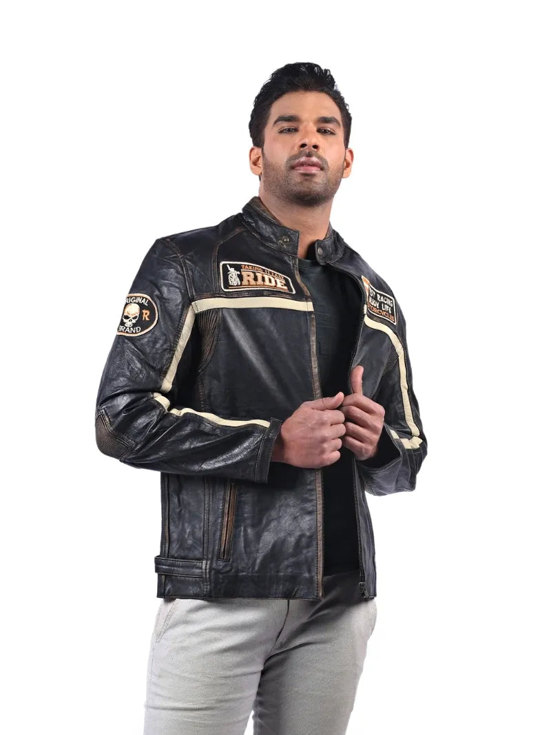 Men’s Black Patched Leather Jacket Right