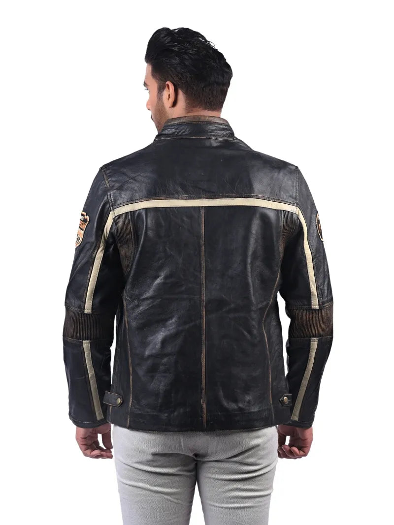 Men’s Black Patched Leather Jacket Back