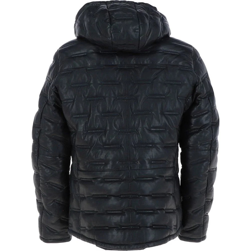 Men's Black Quilted Leather Hooded Jacket