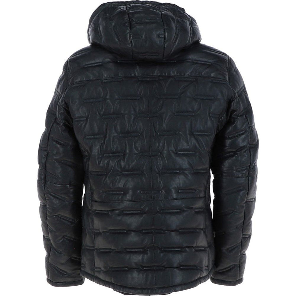 Men's Black Quilted Leather Hooded Jacket