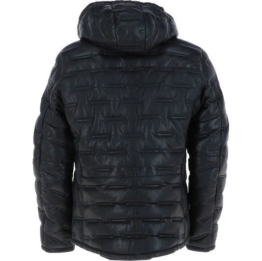 Men's Black Quilted Leather Hooded Jacket