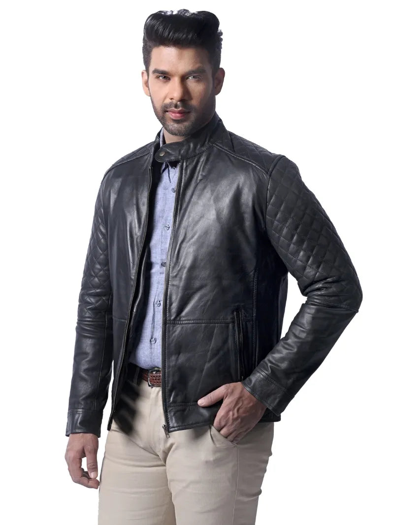Men’s Black Quilted Leather Jacket Left