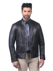 Men’s Black Quilted Leather Jacket Front
