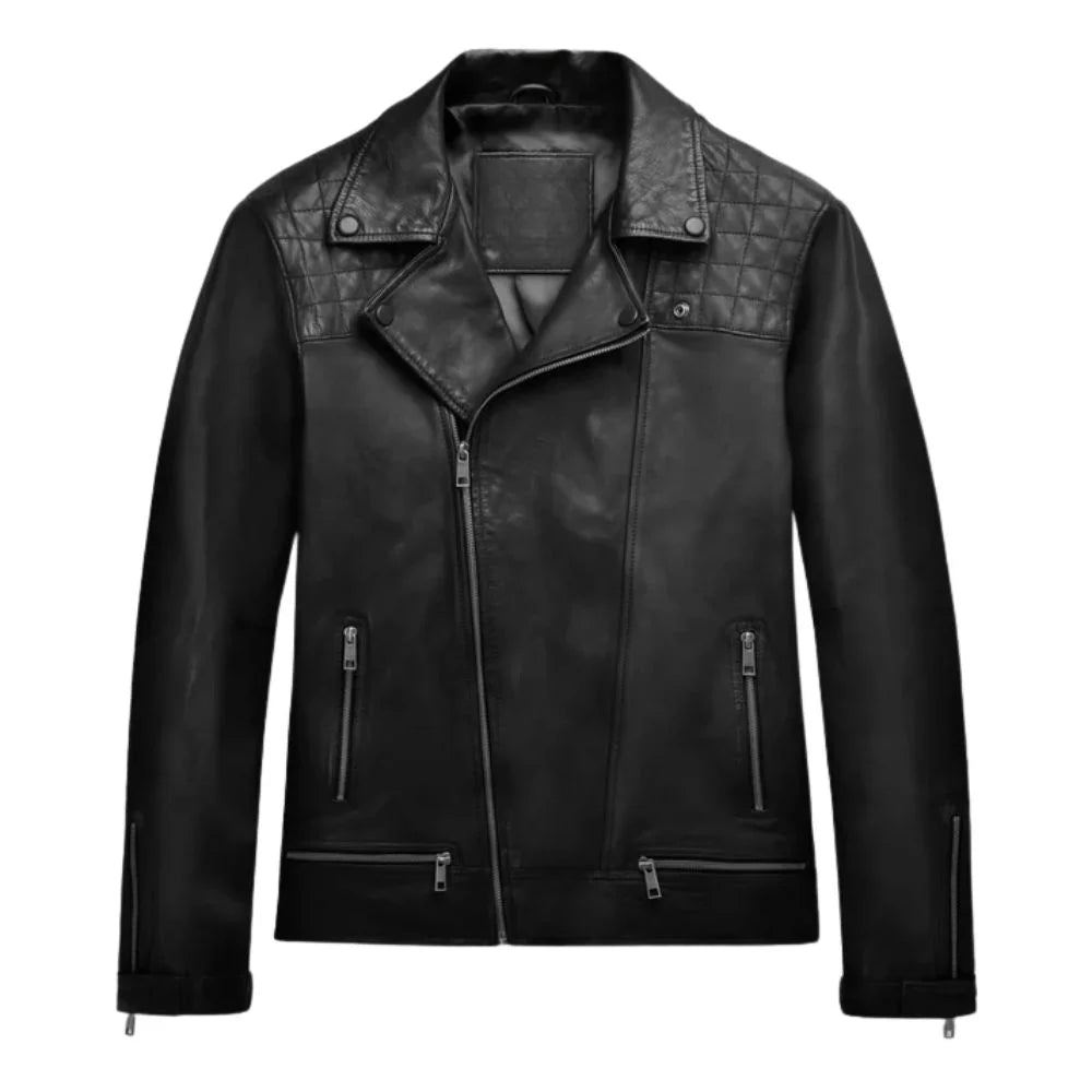 Men’s Black Quilted Shoulder Leather Jacket