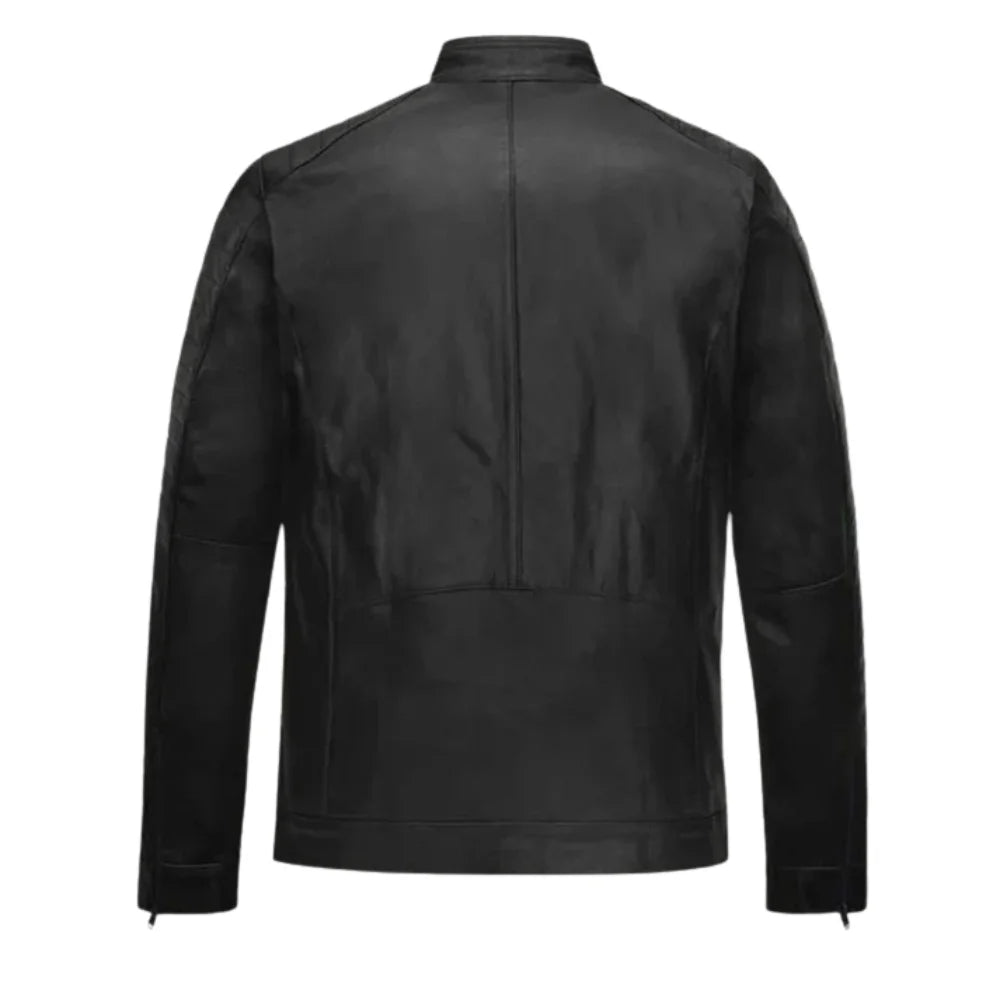 Men’s Black Quilted Shoulder Leather Jacket with Asymmetric Zipper
