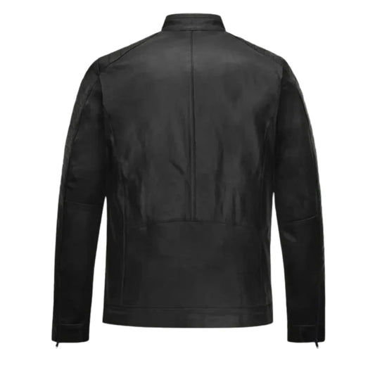 Men’s Black Quilted Shoulder Leather Jacket with Asymmetric Zipper