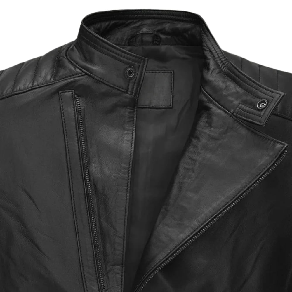 Men’s Black Quilted Shoulder Leather Jacket with Asymmetric Zipper