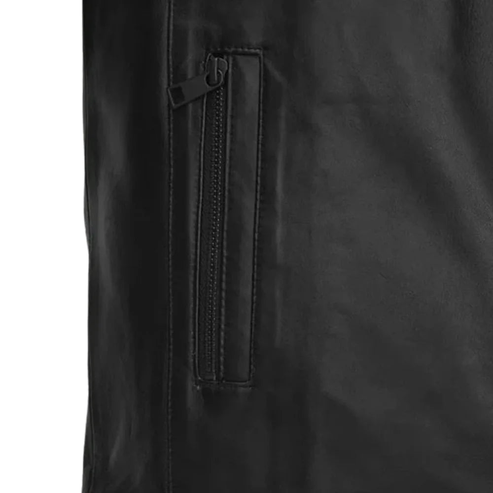 Men’s Black Quilted Shoulder Leather Jacket with Asymmetric Zipper