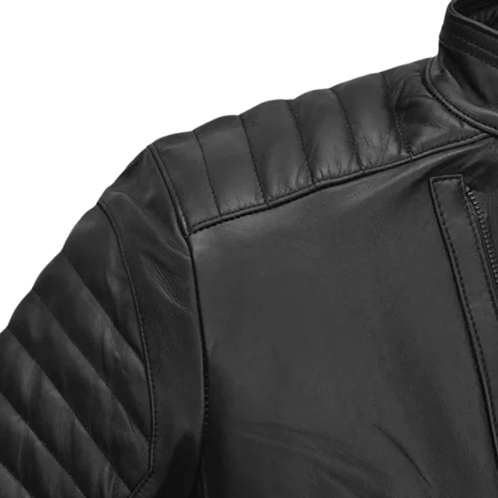Men’s Black Quilted Shoulder Leather Jacket with Asymmetric Zipper