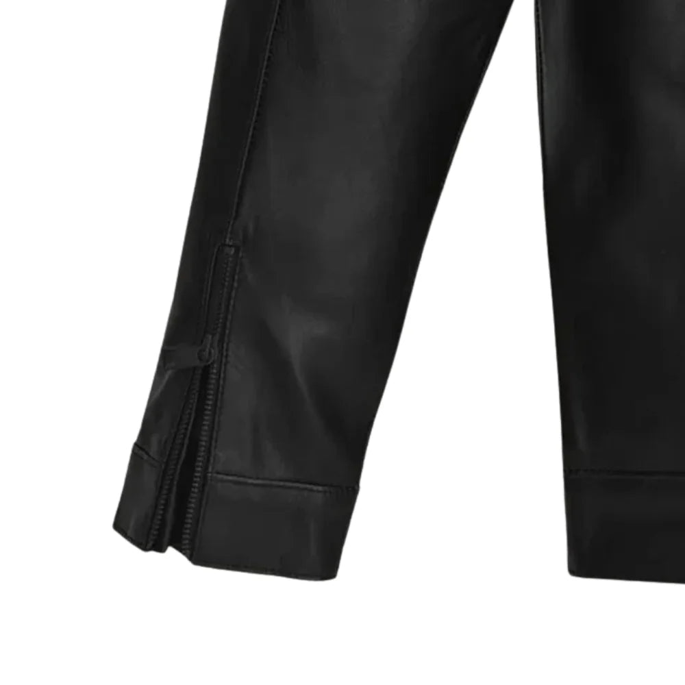 Men’s Black Quilted Shoulder Leather Jacket with Asymmetric Zipper