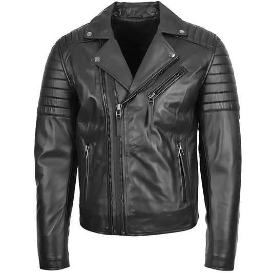 Men's Black Quilted Sleeve Asymmetrical Leather Biker Jacket
