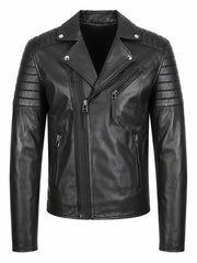 Men's Black Quilted Sleeve Asymmetrical Leather Jacket, front view