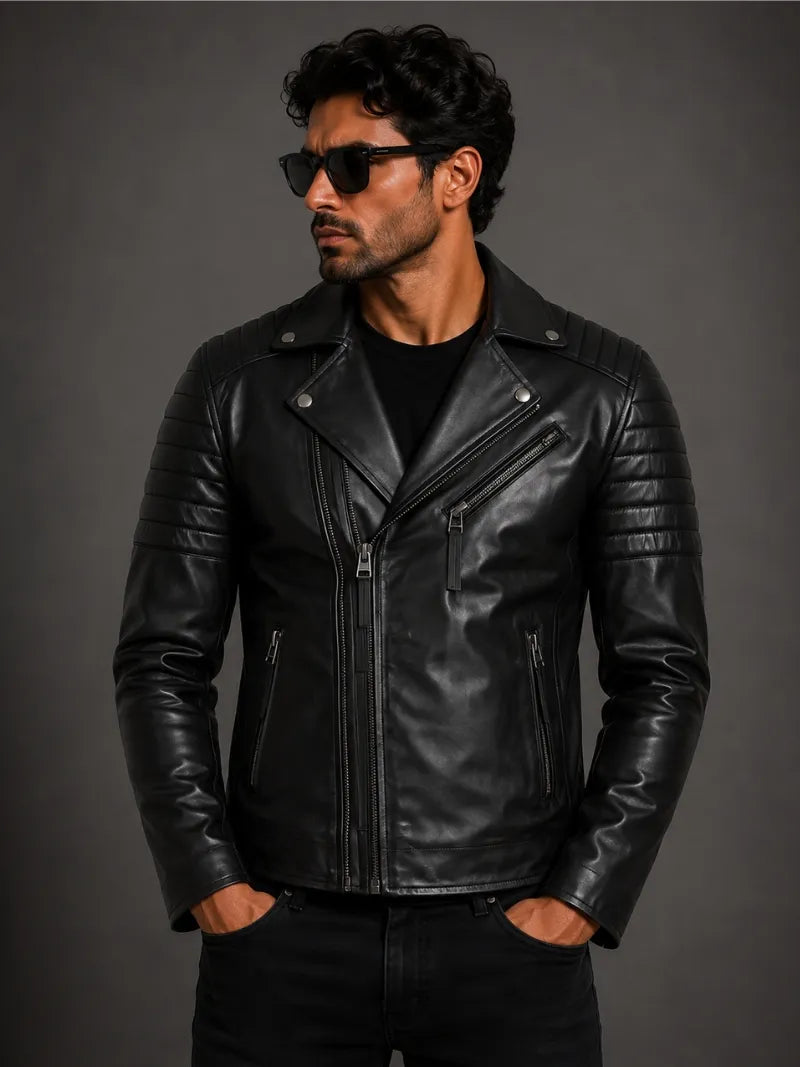 Men's Black Quilted Sleeve Asymmetrical Leather Jacket, closure detail