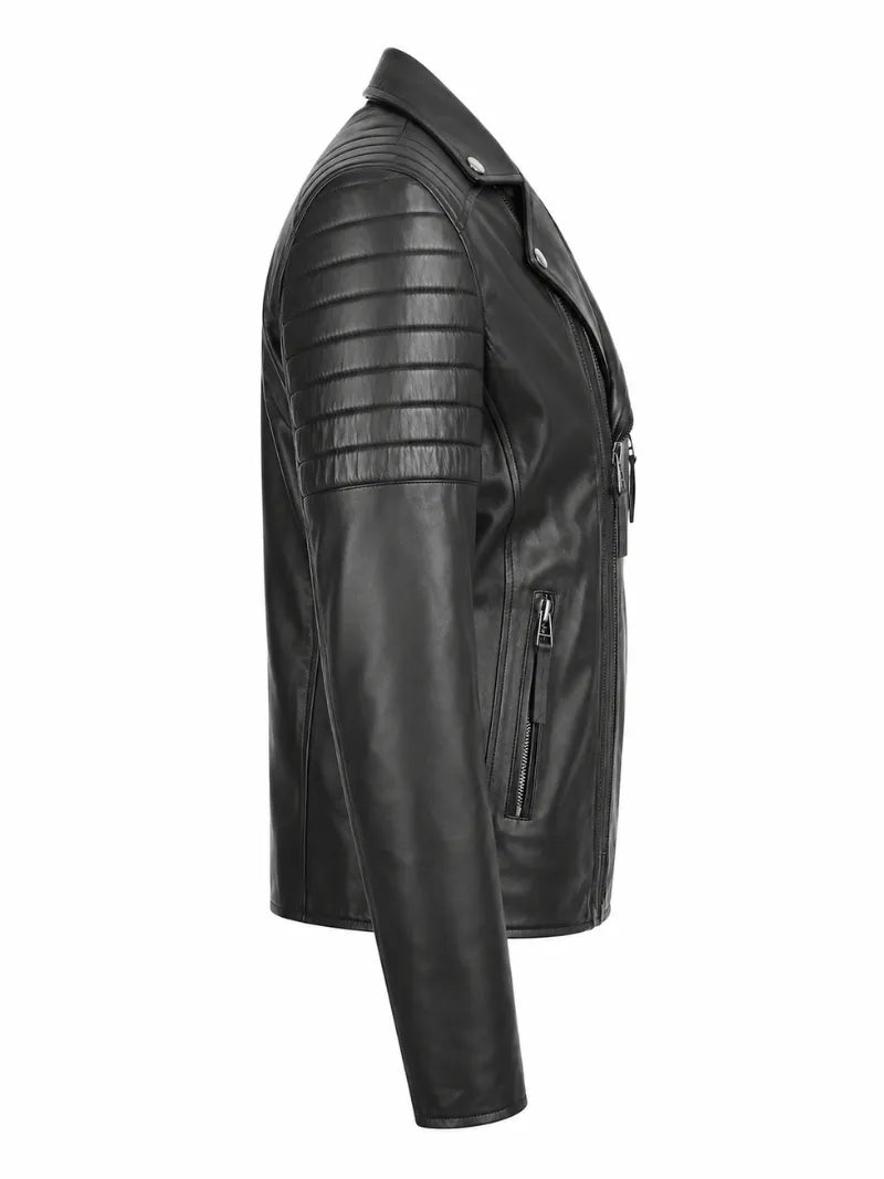 Men's Black Quilted Sleeve Asymmetrical Leather Jacket, back view