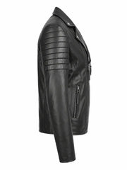 Men's Black Quilted Sleeve Asymmetrical Leather Jacket, back view