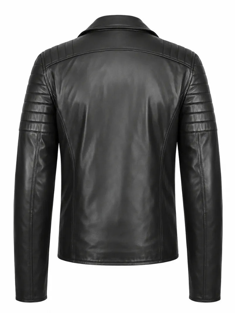 Men's Black Quilted Sleeve Asymmetrical Leather Jacket, collar detail