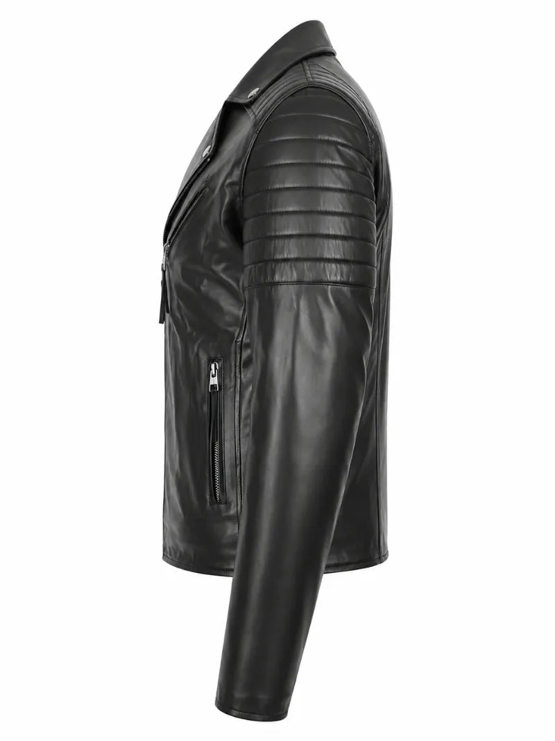 Men's Black Quilted Sleeve Asymmetrical Leather Jacket, side view