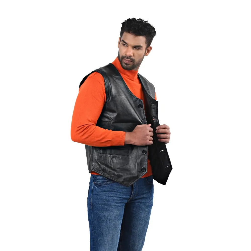 Men’s Black Real Leather Button Vest