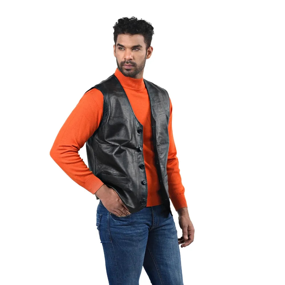 Men’s Black Real Leather Button Vest