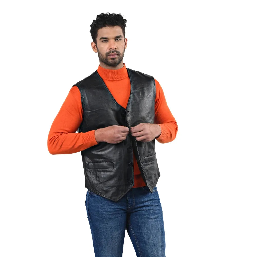 Men’s Black Real Leather Button Vest