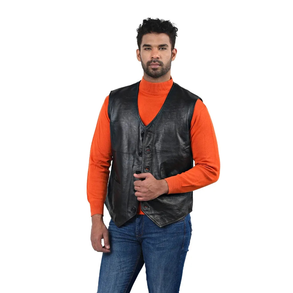 Men’s Black Real Leather Button Vest