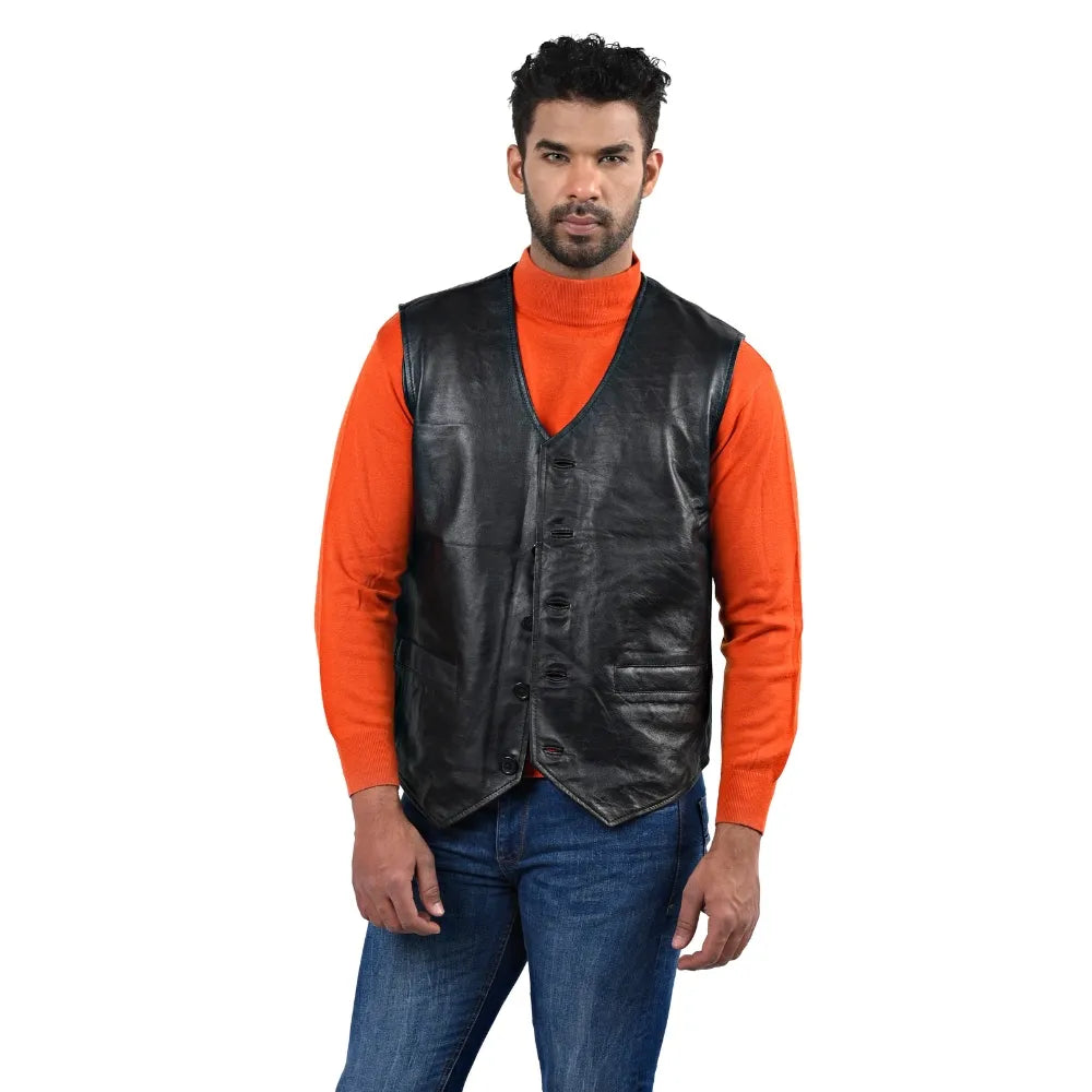 Men’s Black Real Leather Button Vest