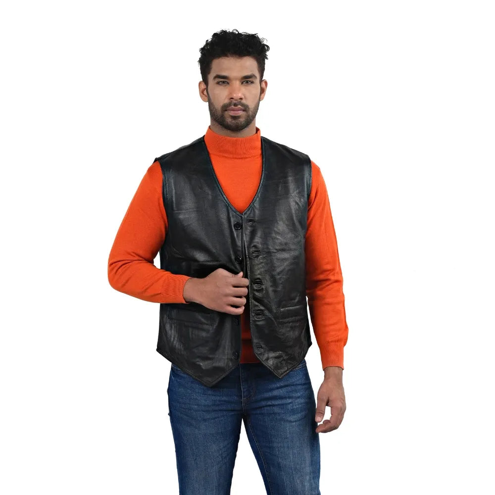 Men’s Black Real Leather Button Vest