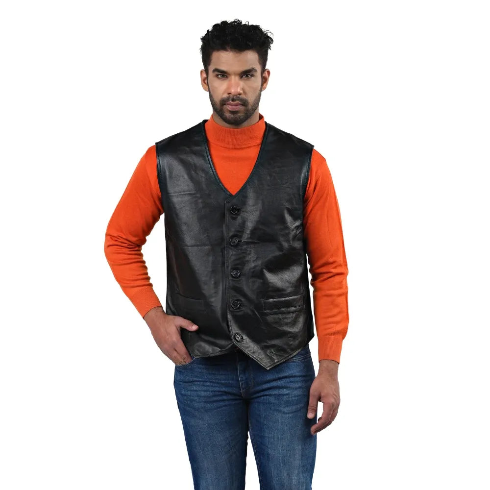 Men’s Black Real Leather Button Vest