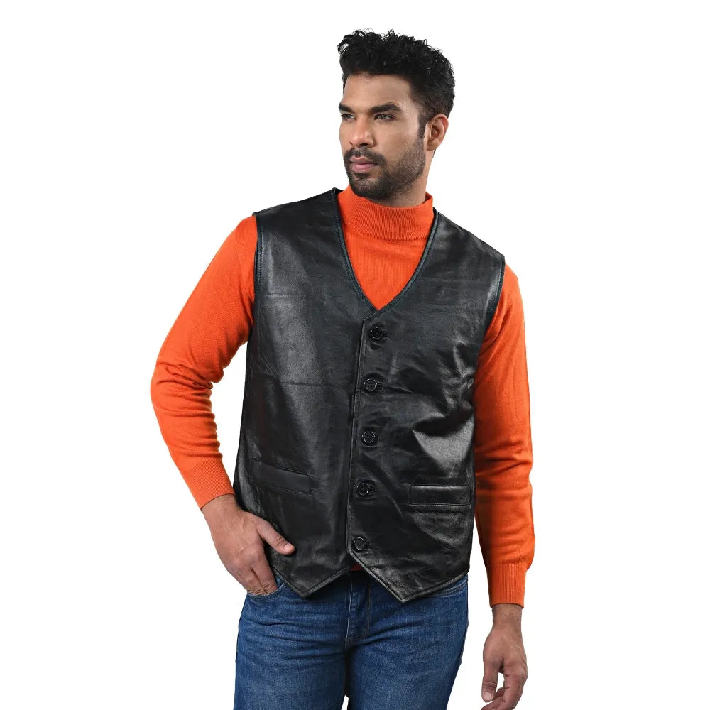 Men’s Black Real Leather Button Vest
