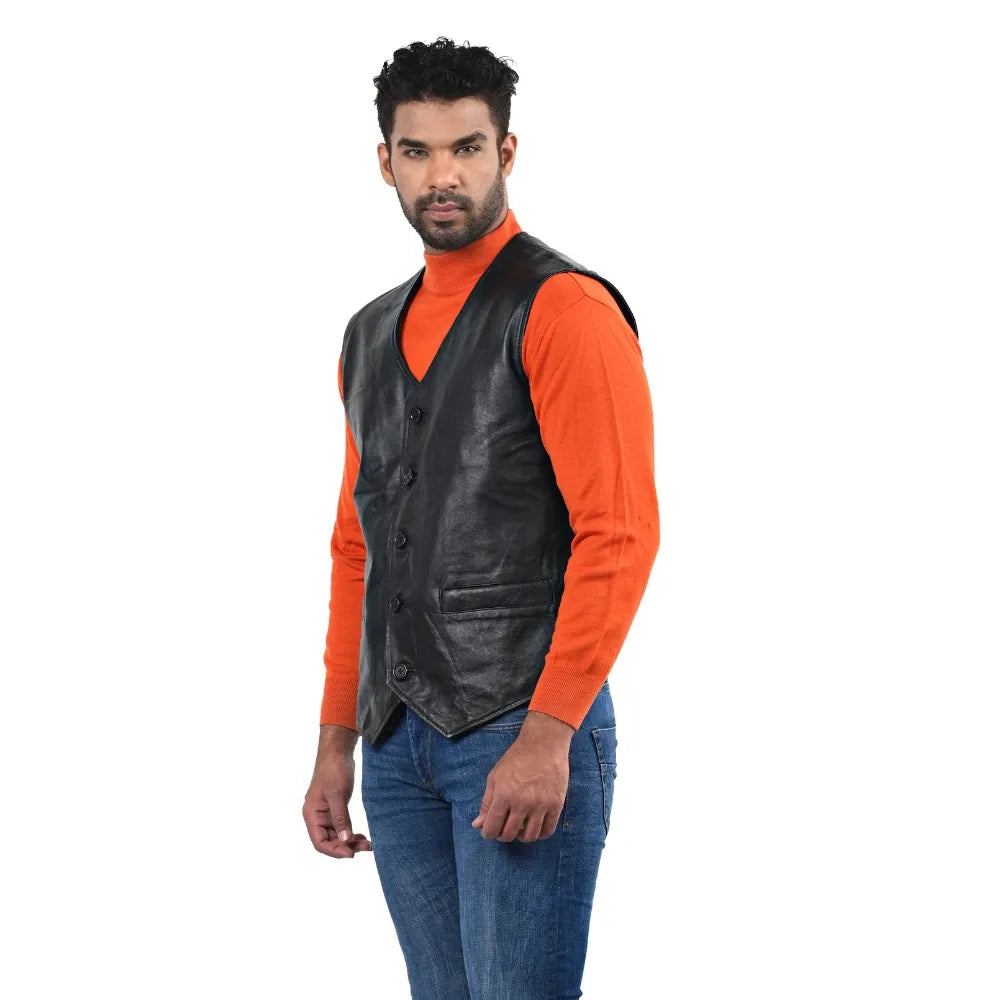 Men’s Black Real Leather Button Vest