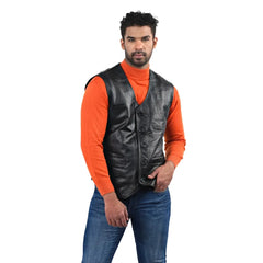 Men’s Black Real Leather Button Vest