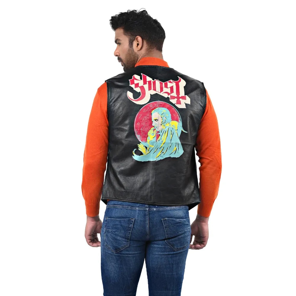 Men’s Black Real Leather Button Vest