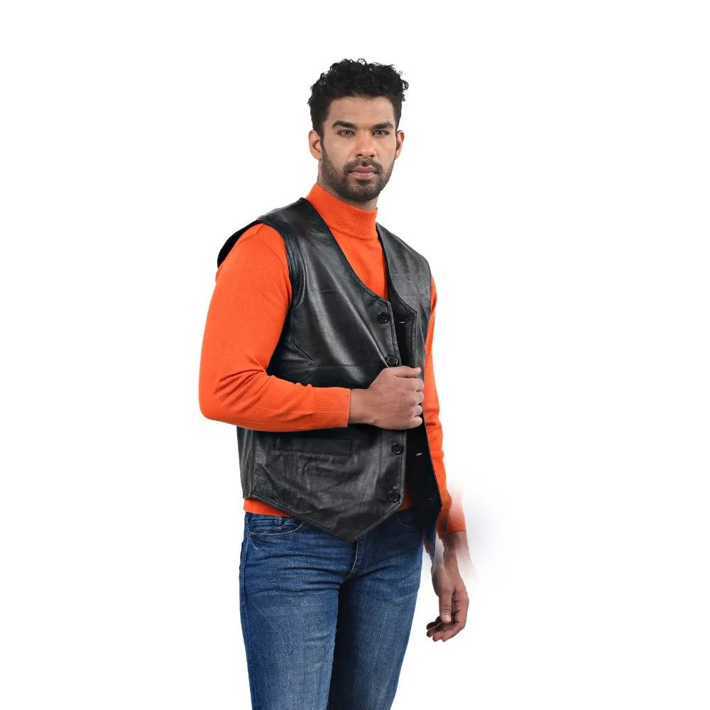 Men’s Black Real Leather Button Vest