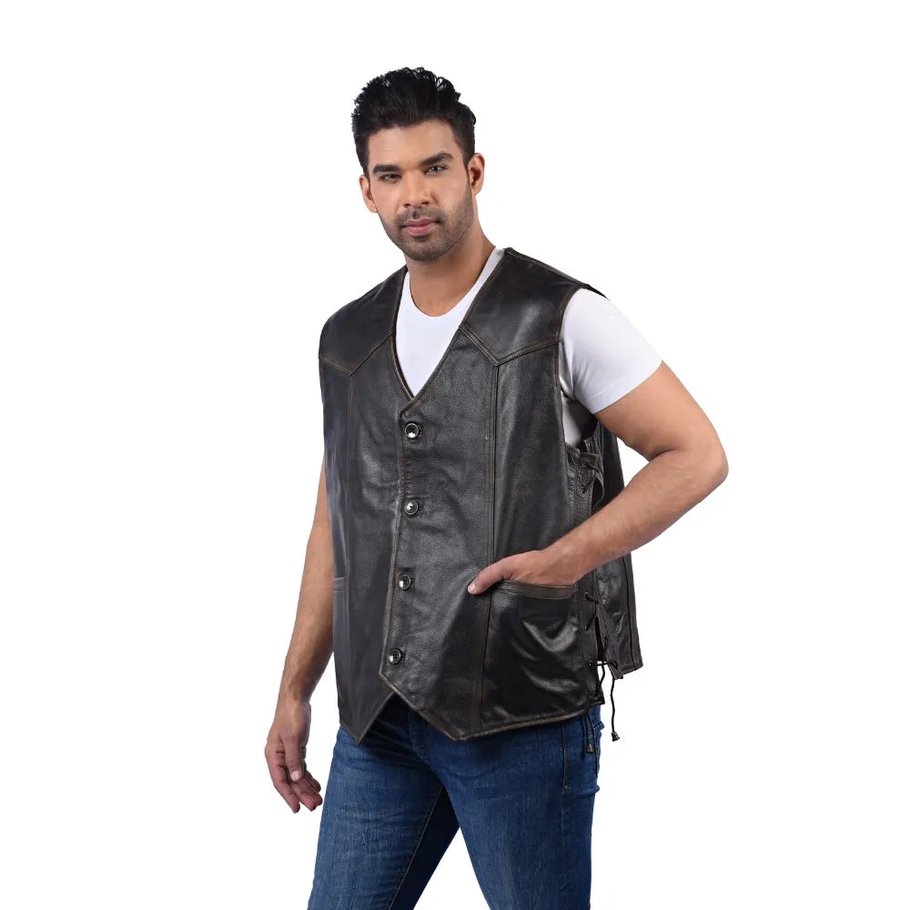 Men’s Black Real Leather Classic Front Vest