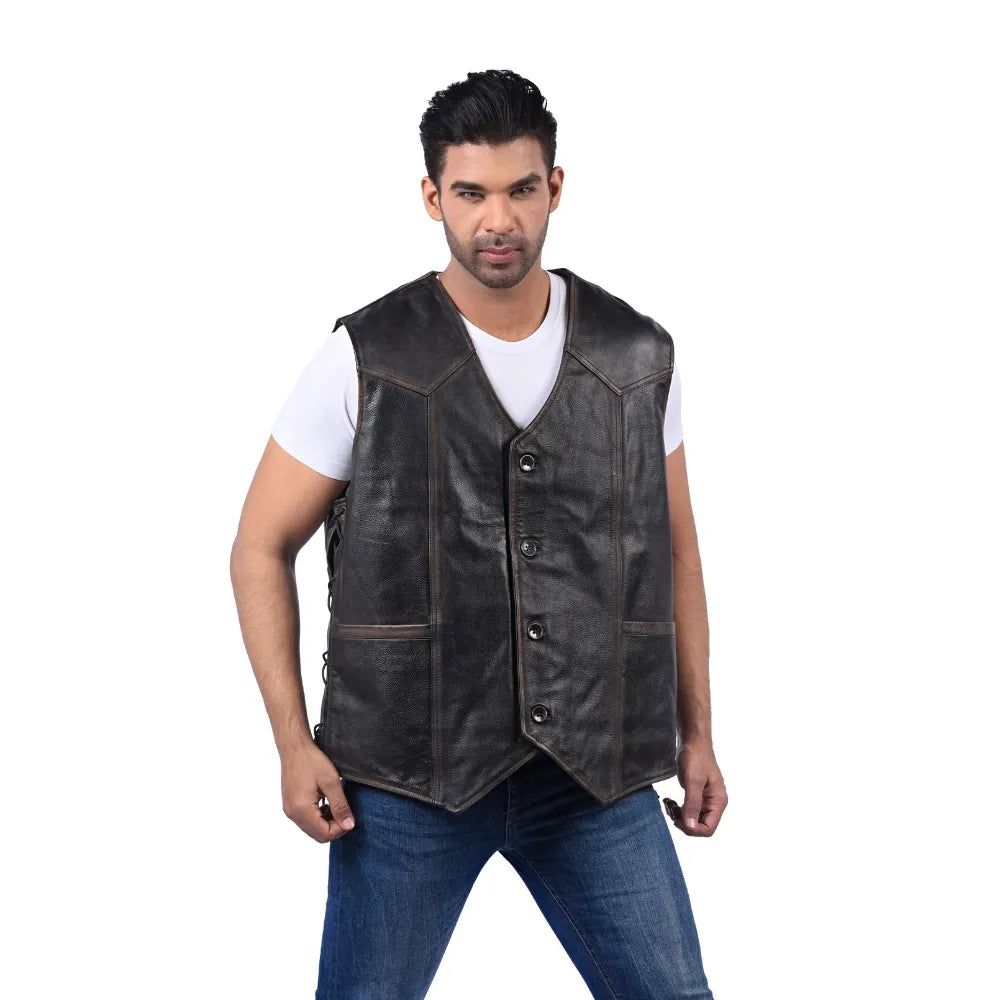 Men’s Black Real Leather Classic Front Vest