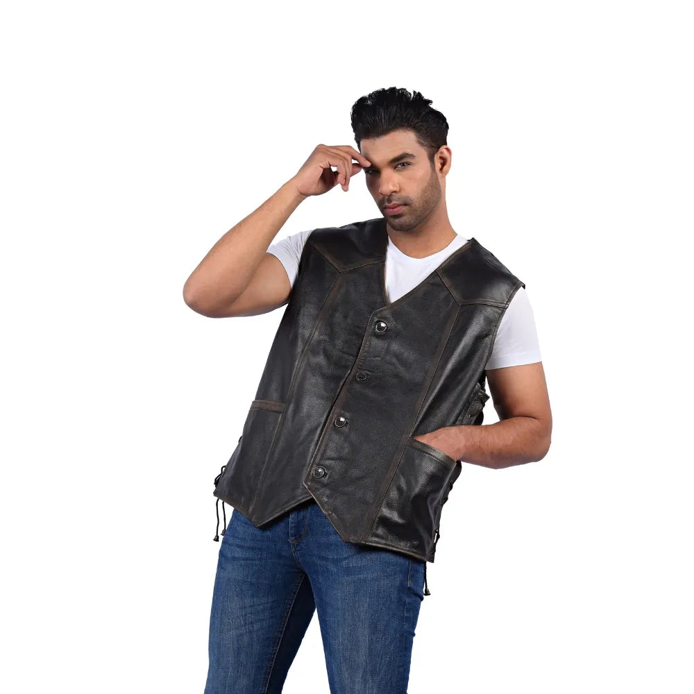 Men’s Black Real Leather Classic Front Vest